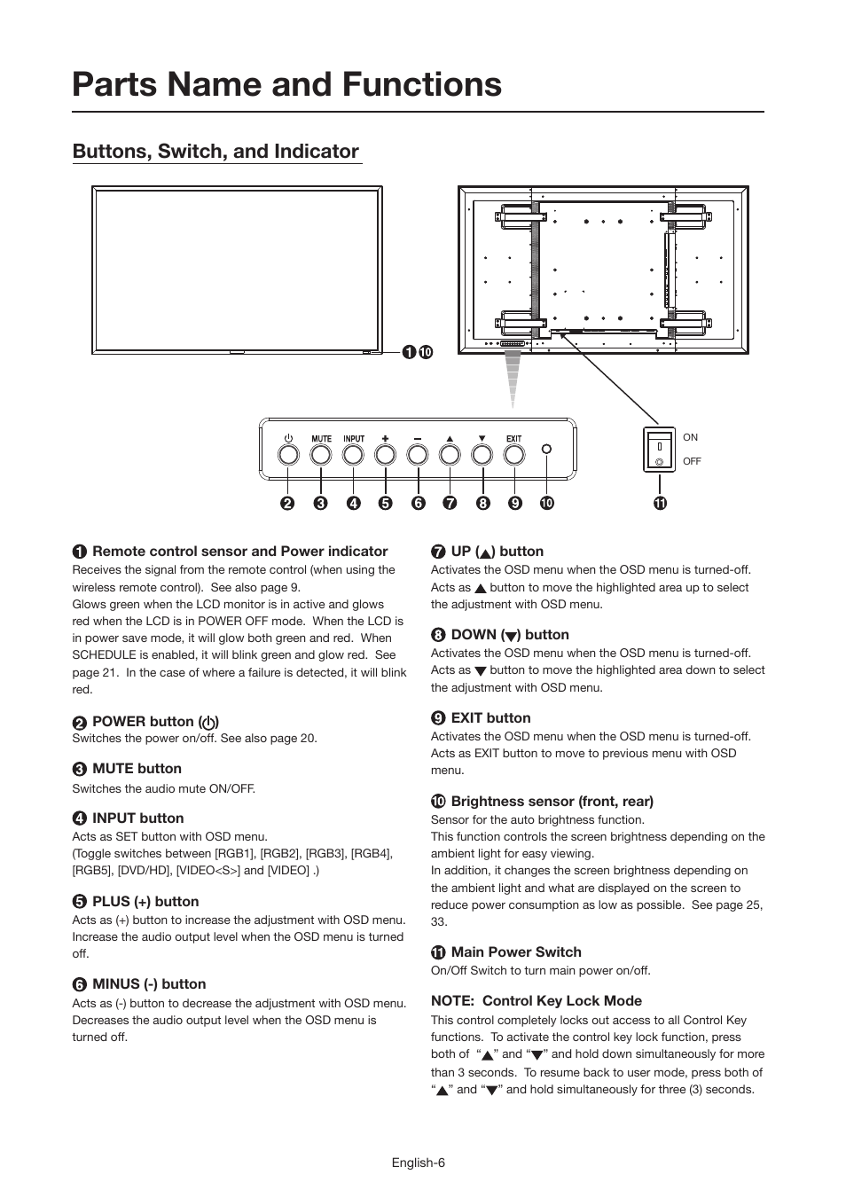 Parts name and functions, Buttons, switch, and indicator | MITSUBISHI ELECTRIC MDT521S User Manual | Page 7 / 44