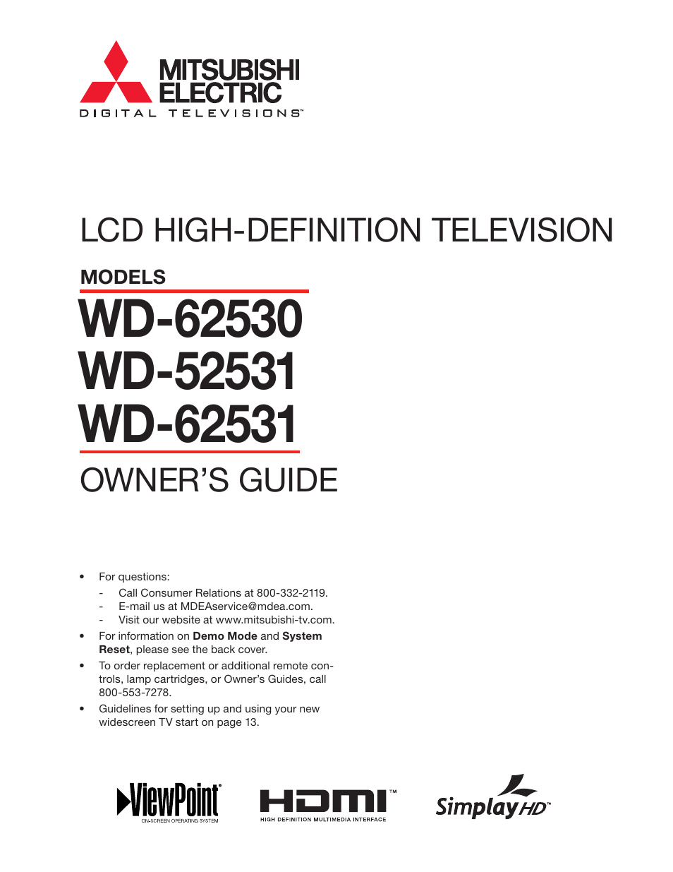 MITSUBISHI ELECTRIC WD-62530 User Manual | 88 pages