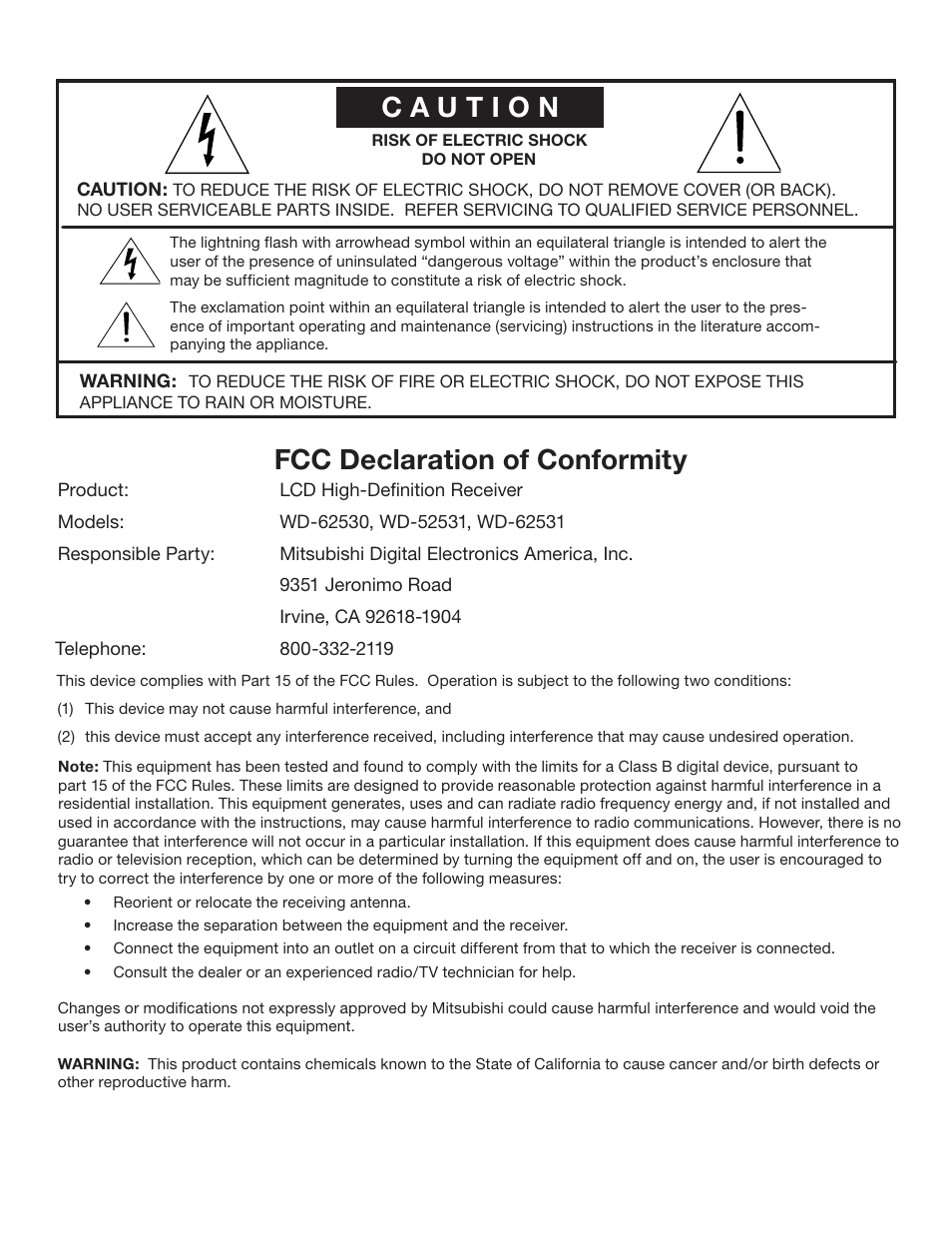 Caution, Fcc declaration of conformity | MITSUBISHI ELECTRIC WD-62530 User Manual | Page 2 / 88