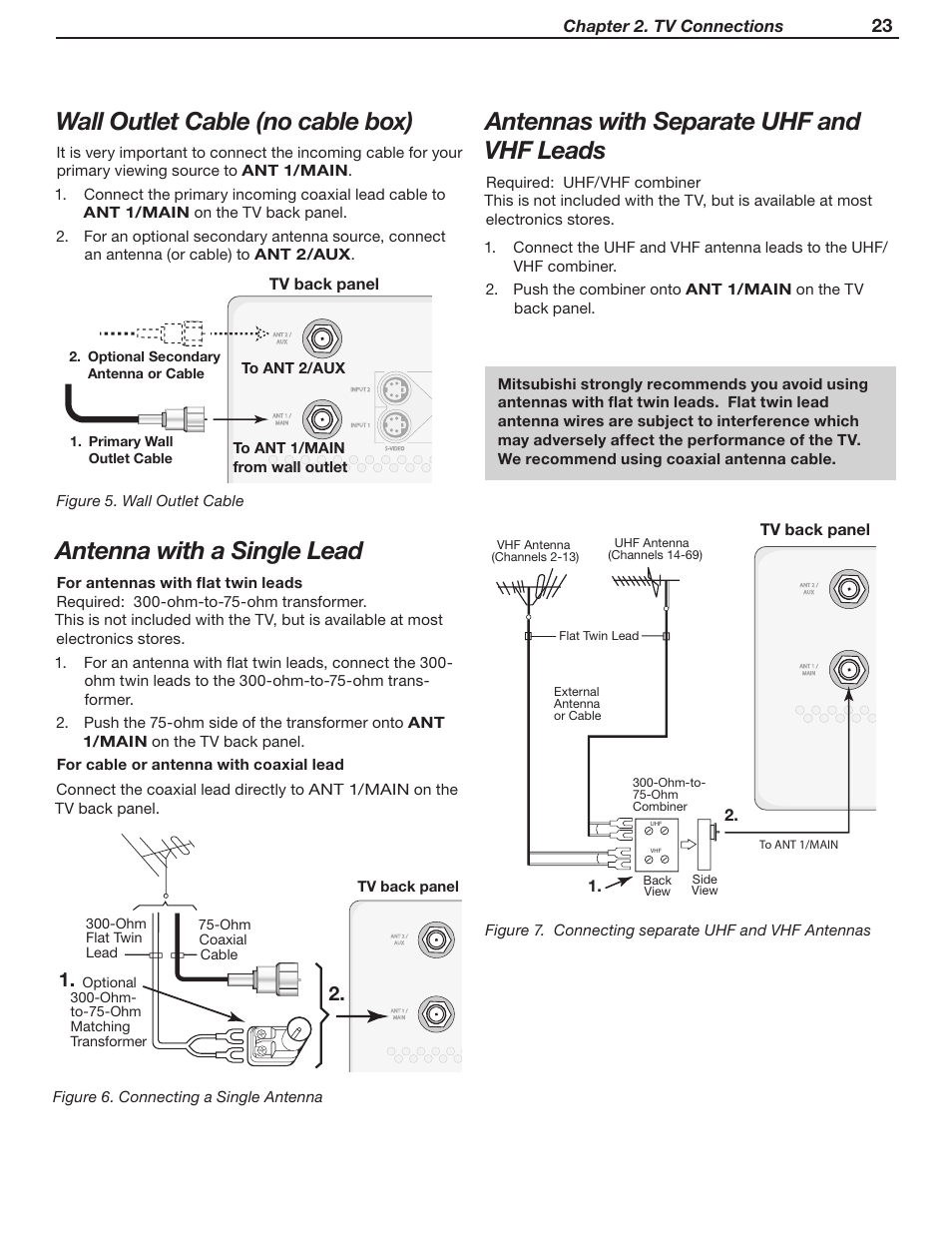 Wall outlet cable (no cable box), Antenna with a single lead, Antennas with separate uhf and vhf leads | Chapter 2. tv connections, Figure 5. wall outlet cable | MITSUBISHI ELECTRIC WD-62530 User Manual | Page 23 / 88