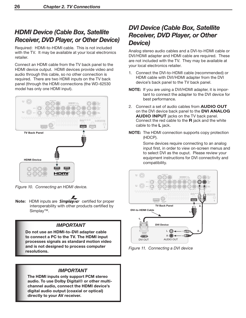 Important, Chapter 2. tv connections, Figure 11. connecting a dvi device | MITSUBISHI ELECTRIC WD-62530 User Manual | Page 26 / 88