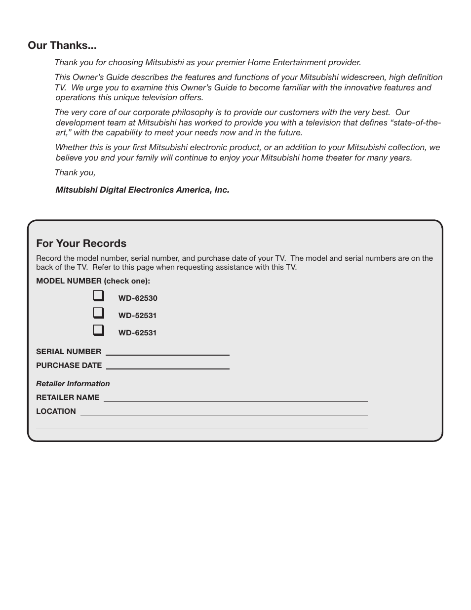 For your records | MITSUBISHI ELECTRIC WD-62530 User Manual | Page 3 / 88