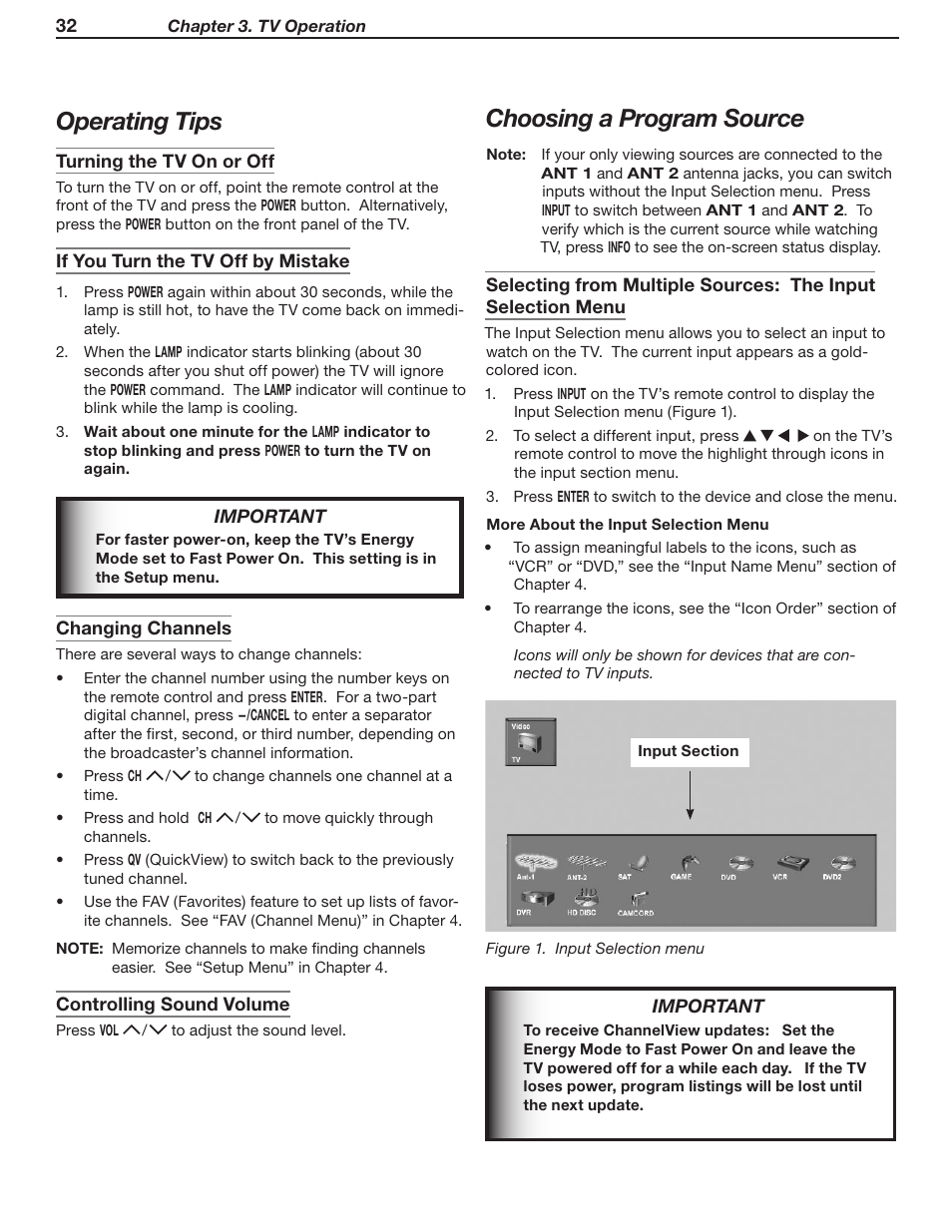 Operating tips, Choosing a program source | MITSUBISHI ELECTRIC WD-62530 User Manual | Page 32 / 88