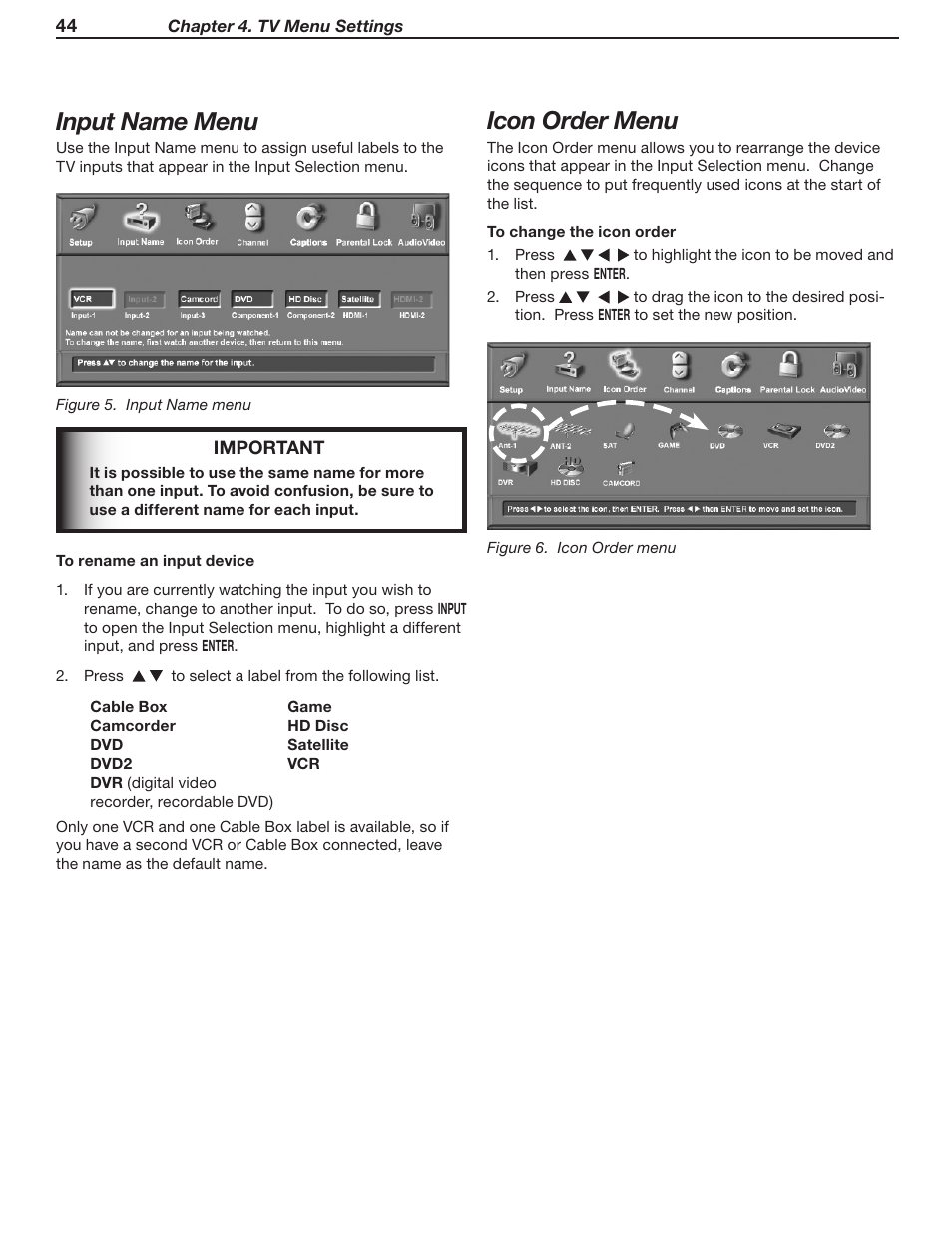 Input name menu, Icon order menu | MITSUBISHI ELECTRIC WD-62530 User Manual | Page 44 / 88