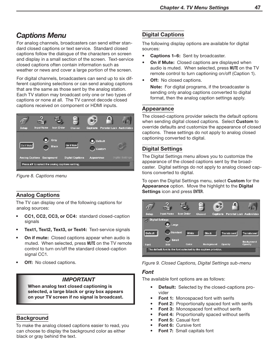 Captions menu | MITSUBISHI ELECTRIC WD-62530 User Manual | Page 47 / 88