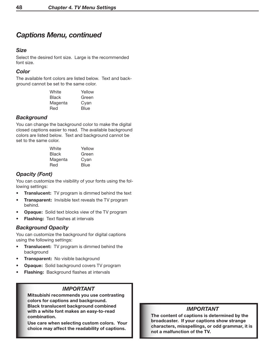 Captions menu, continued | MITSUBISHI ELECTRIC WD-62530 User Manual | Page 48 / 88