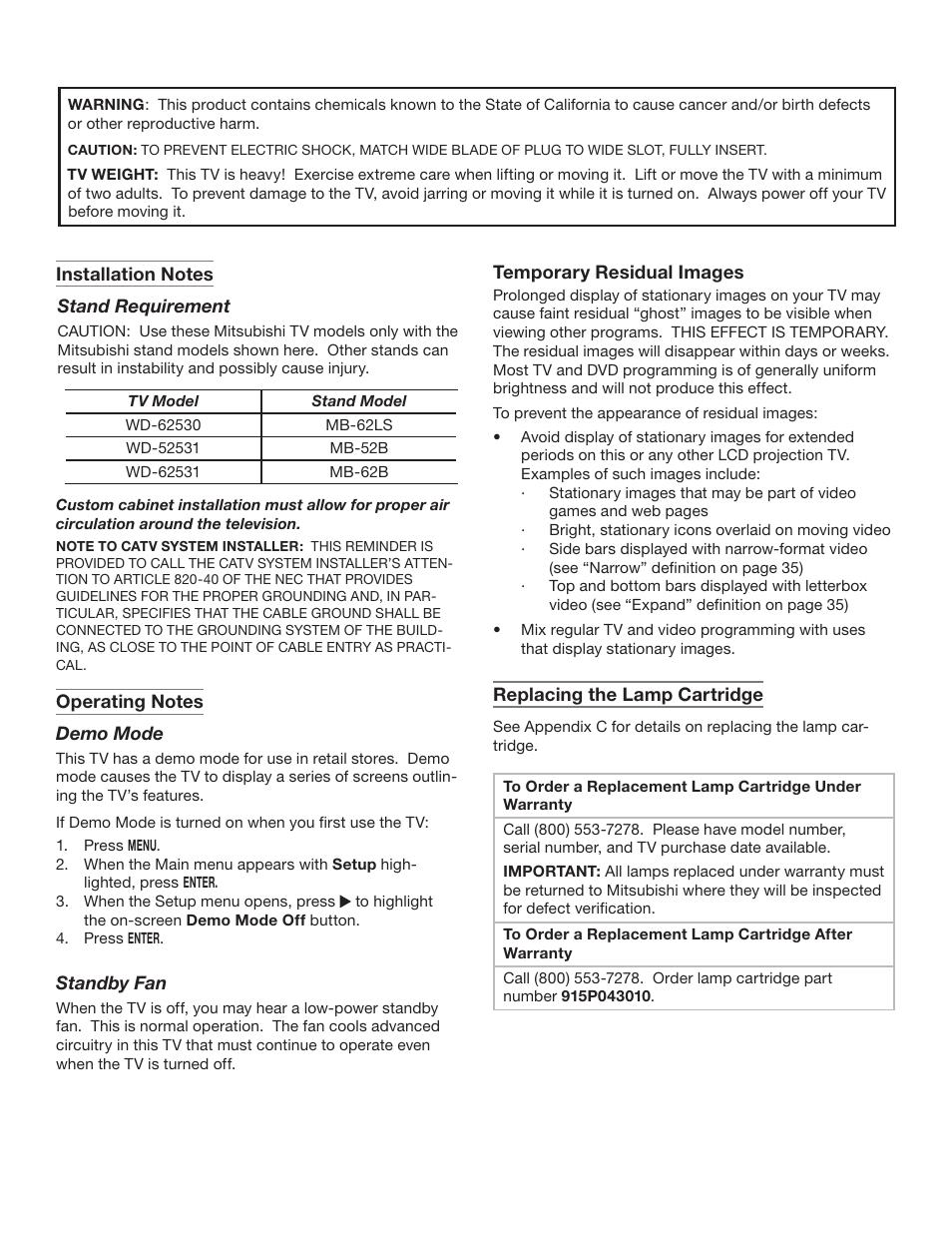 MITSUBISHI ELECTRIC WD-62530 User Manual | Page 6 / 88