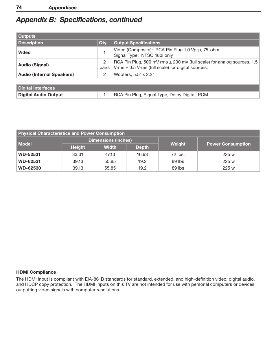 Appendix b: specifications, continued | MITSUBISHI ELECTRIC WD-62530 User Manual | Page 74 / 88