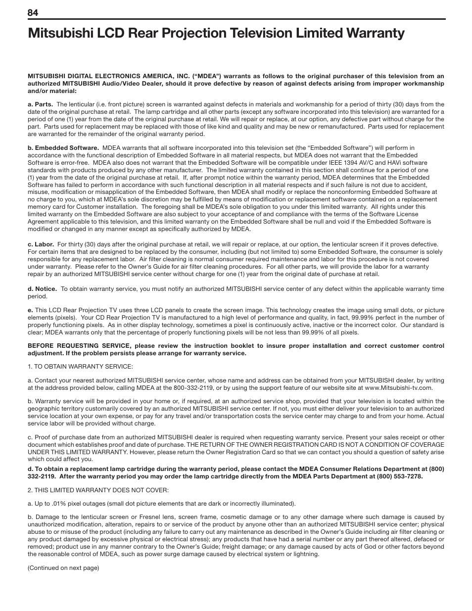 MITSUBISHI ELECTRIC WD-62530 User Manual | Page 84 / 88