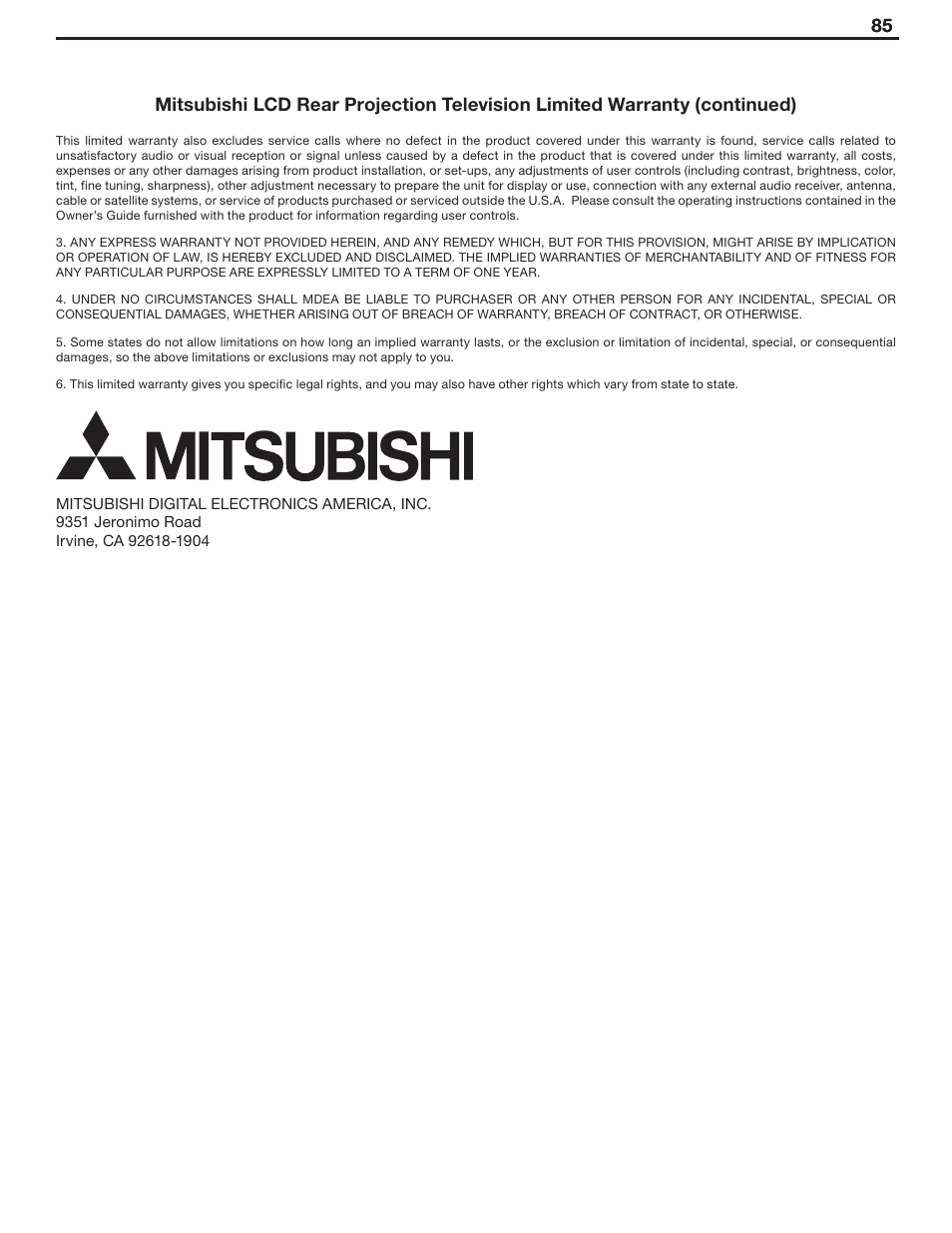 MITSUBISHI ELECTRIC WD-62530 User Manual | Page 85 / 88