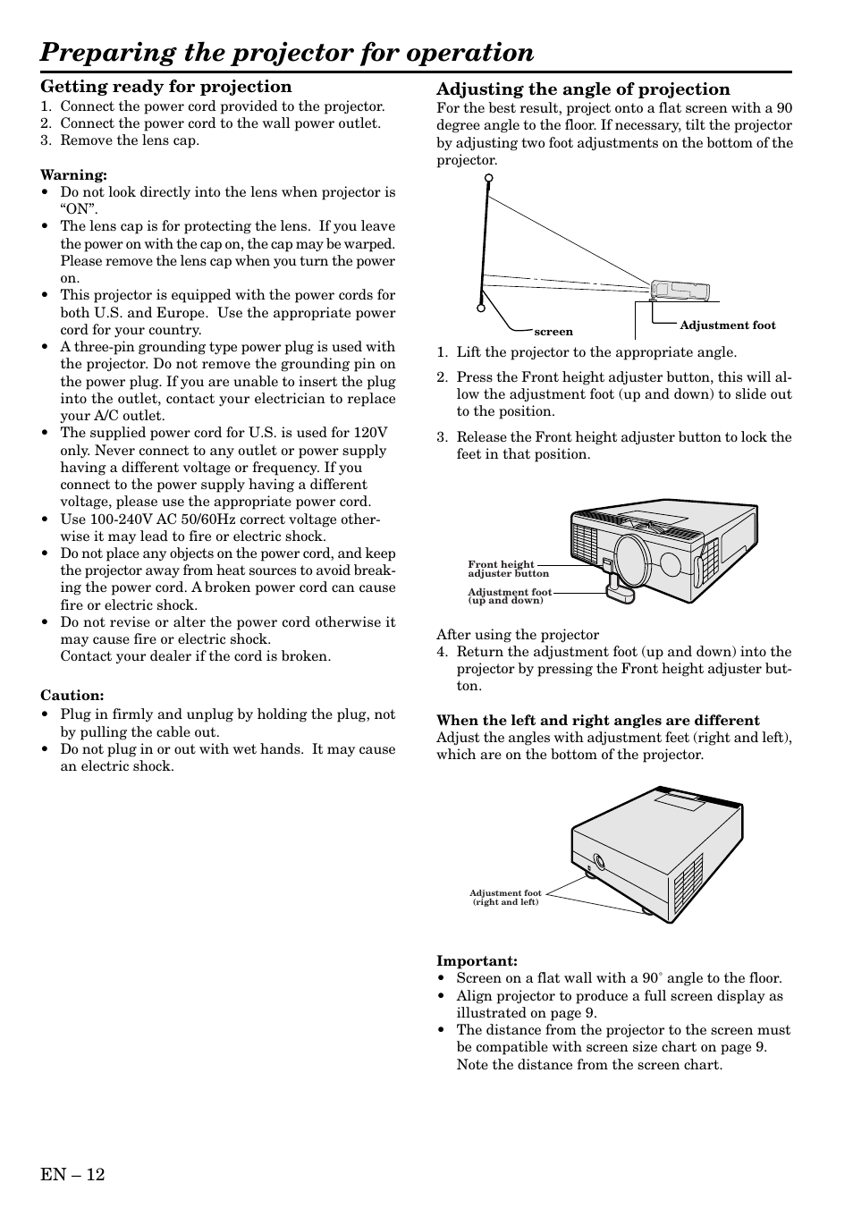 Preparing the projector for operation, En – 12, Getting ready for projection | Adjusting the angle of projection | MITSUBISHI ELECTRIC S50 User Manual | Page 12 / 28