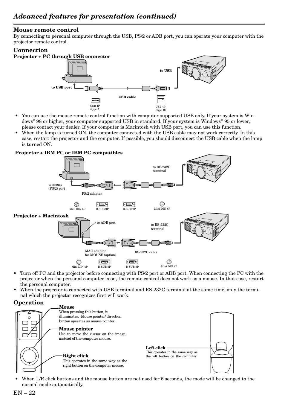 Advanced features for presentation (continued), En – 22 mouse remote control, Connection | Operation, Projector + pc through usb connector, Projector + macintosh right click, Mouse pointer, Mouse | MITSUBISHI ELECTRIC S50 User Manual | Page 22 / 28