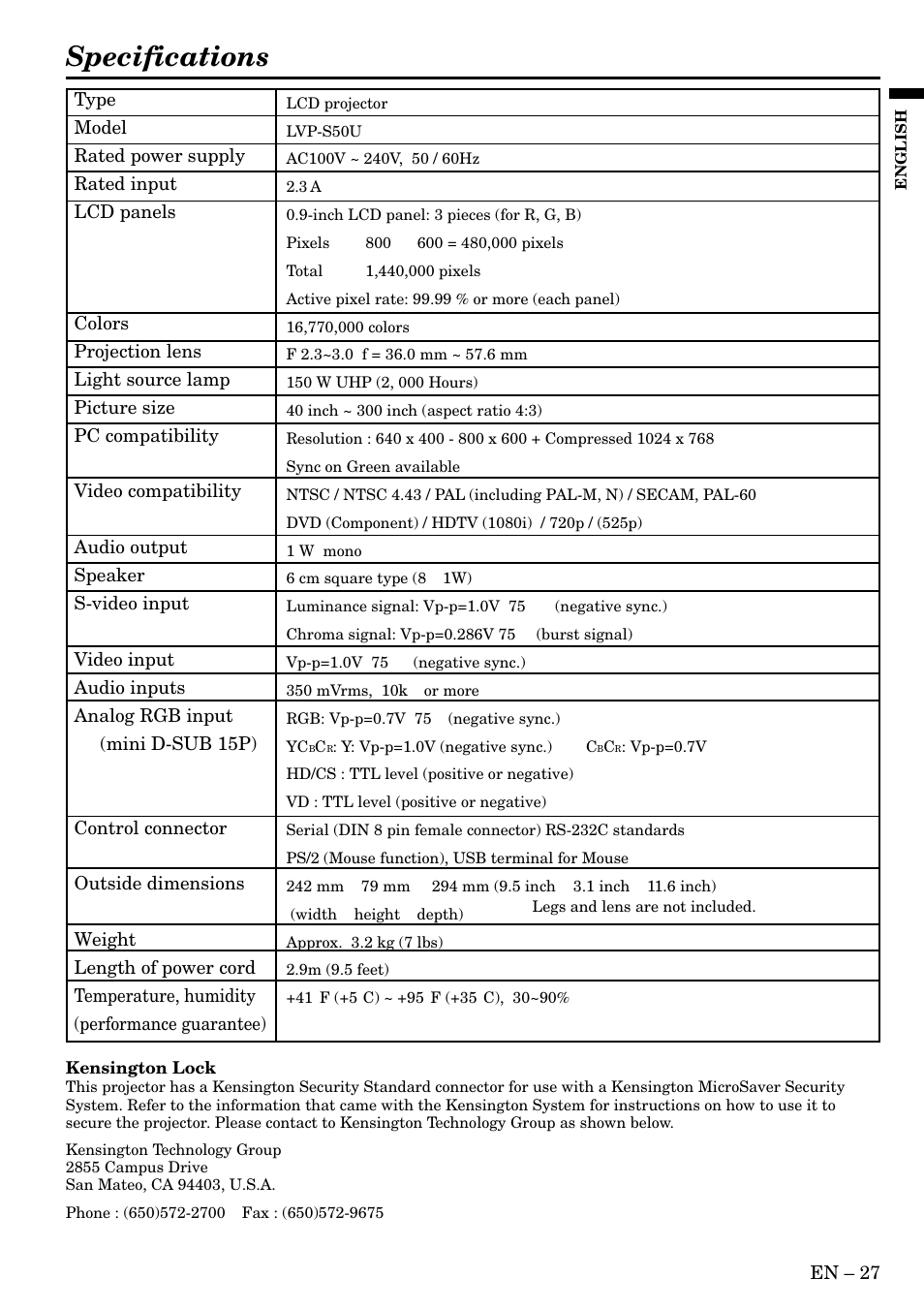 Specifications | MITSUBISHI ELECTRIC S50 User Manual | Page 27 / 28