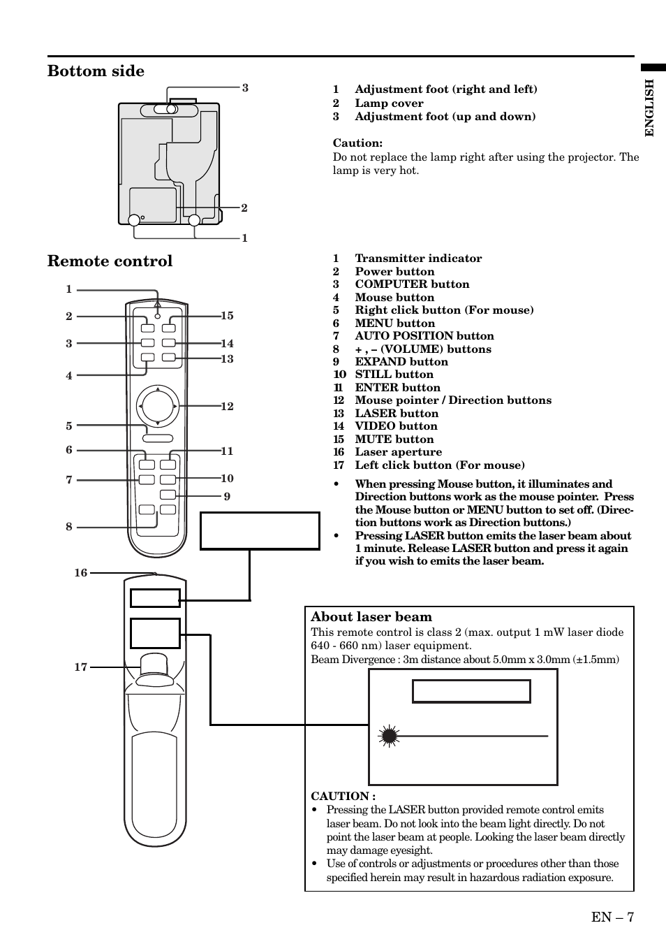 Bottom side, Remote control, Caution | En – 7, About laser beam | MITSUBISHI ELECTRIC S50 User Manual | Page 7 / 28