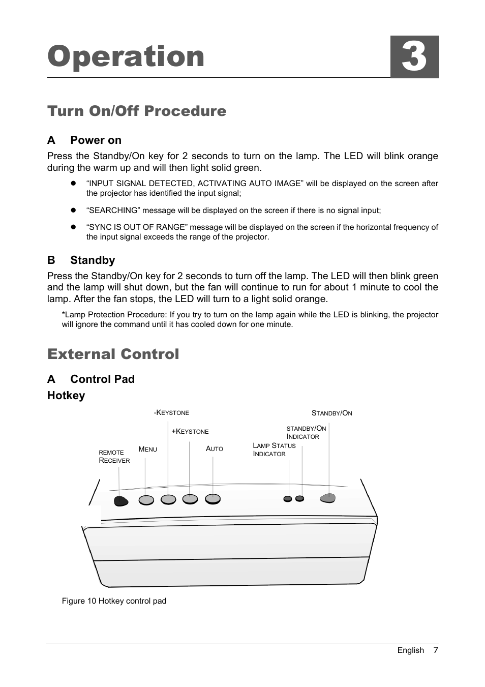 Operation, Turn on/off procedure, A power on | B standby, External control, A control pad, Ower, Tandby, Ontrol, Apower on | MITSUBISHI ELECTRIC LVP-XD10U User Manual | Page 11 / 30