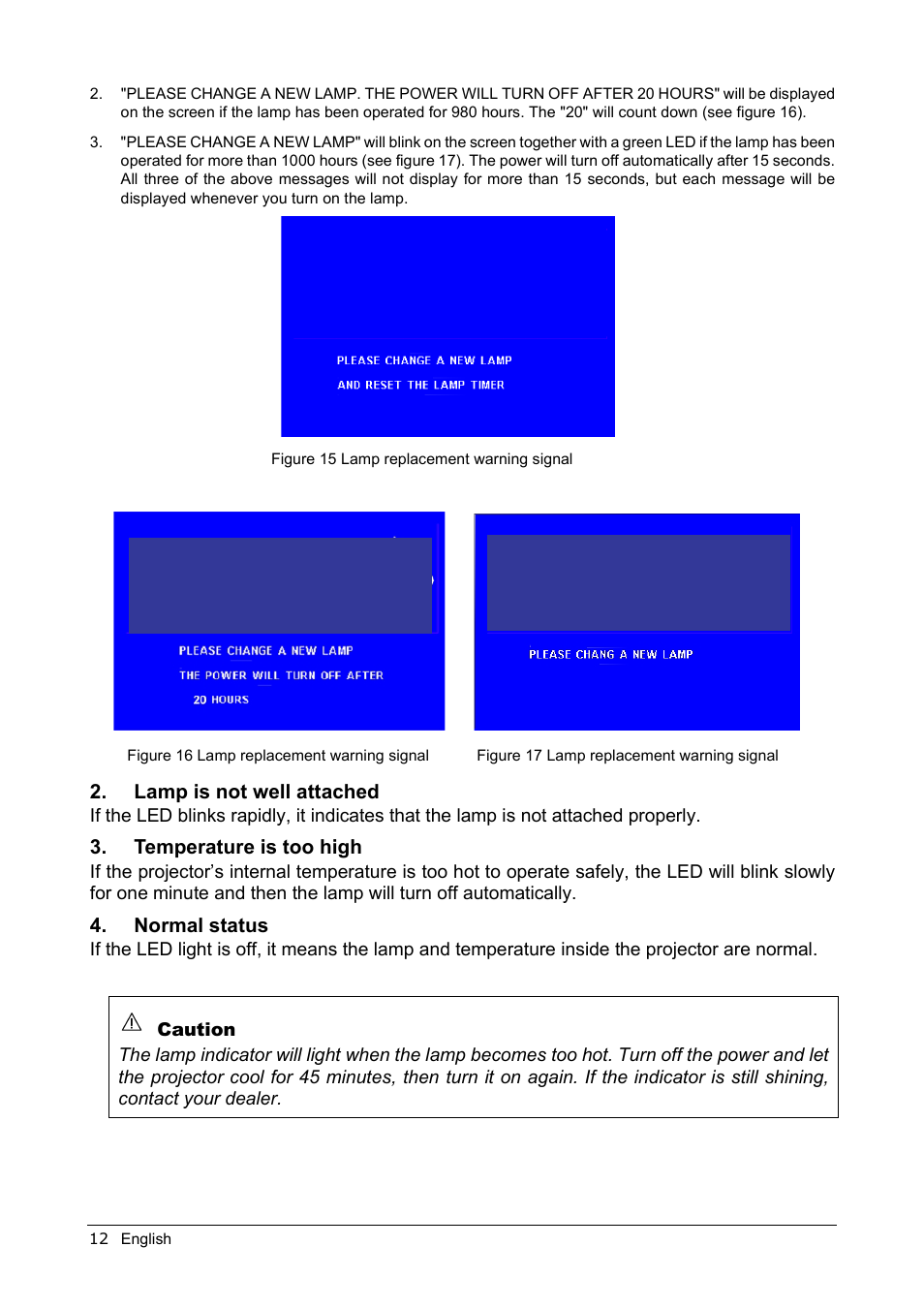 Lamp is not well attached, Temperature is too high, Normal status | MITSUBISHI ELECTRIC LVP-XD10U User Manual | Page 16 / 30