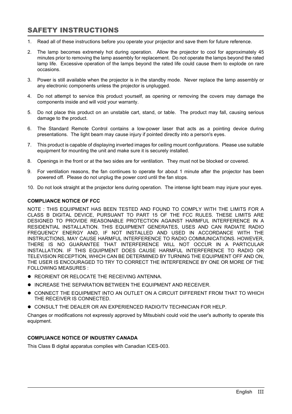 Safety instructions | MITSUBISHI ELECTRIC LVP-XD10U User Manual | Page 3 / 30