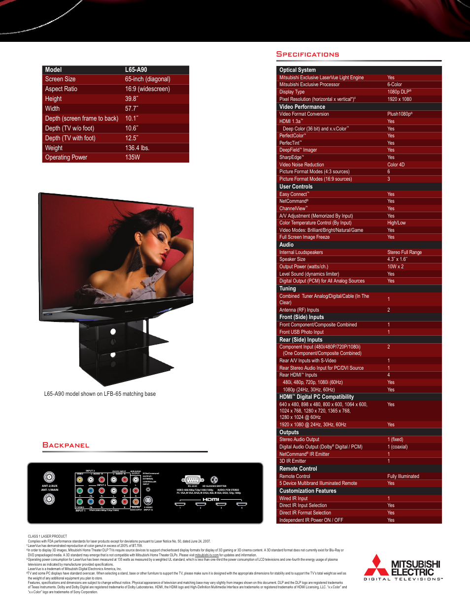 Specifications backpanel, Optical system, Video performance | User controls, Audio, Tuning, Front (side) inputs, Rear (side) inputs, Hdmi, Digital pc compatibility | MITSUBISHI ELECTRIC LaserVue L65-A90 User Manual | Page 2 / 2