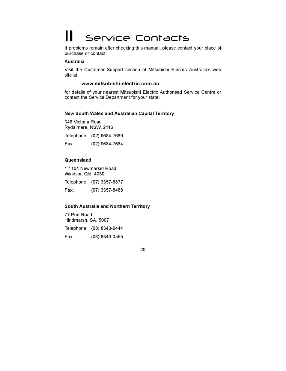 Service contacts | MITSUBISHI ELECTRIC DV158 User Manual | Page 24 / 25