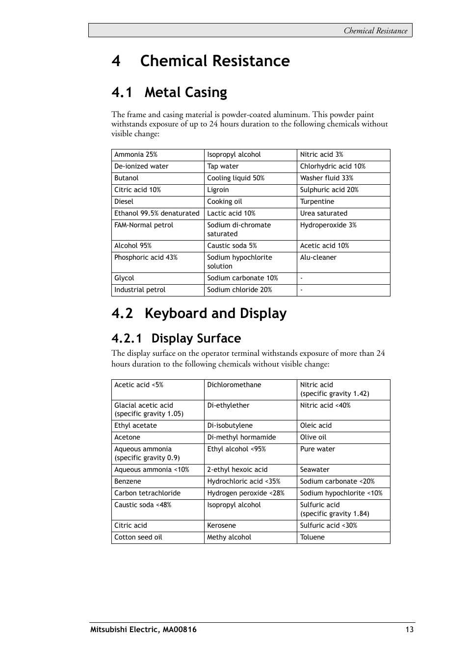 4 chemical resistance, 1 metal casing, 2 keyboard and display | 1 metal casing 4.2 keyboard and display, 1 display surface, 4chemical resistance | MITSUBISHI ELECTRIC E1032 User Manual | Page 13 / 20