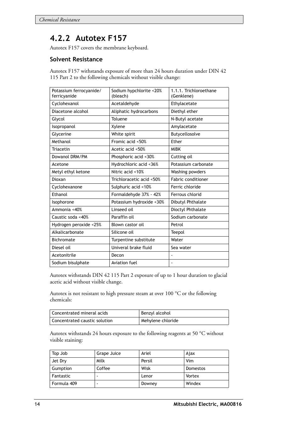 2 autotex f157, Solvent resistance | MITSUBISHI ELECTRIC E1032 User Manual | Page 14 / 20