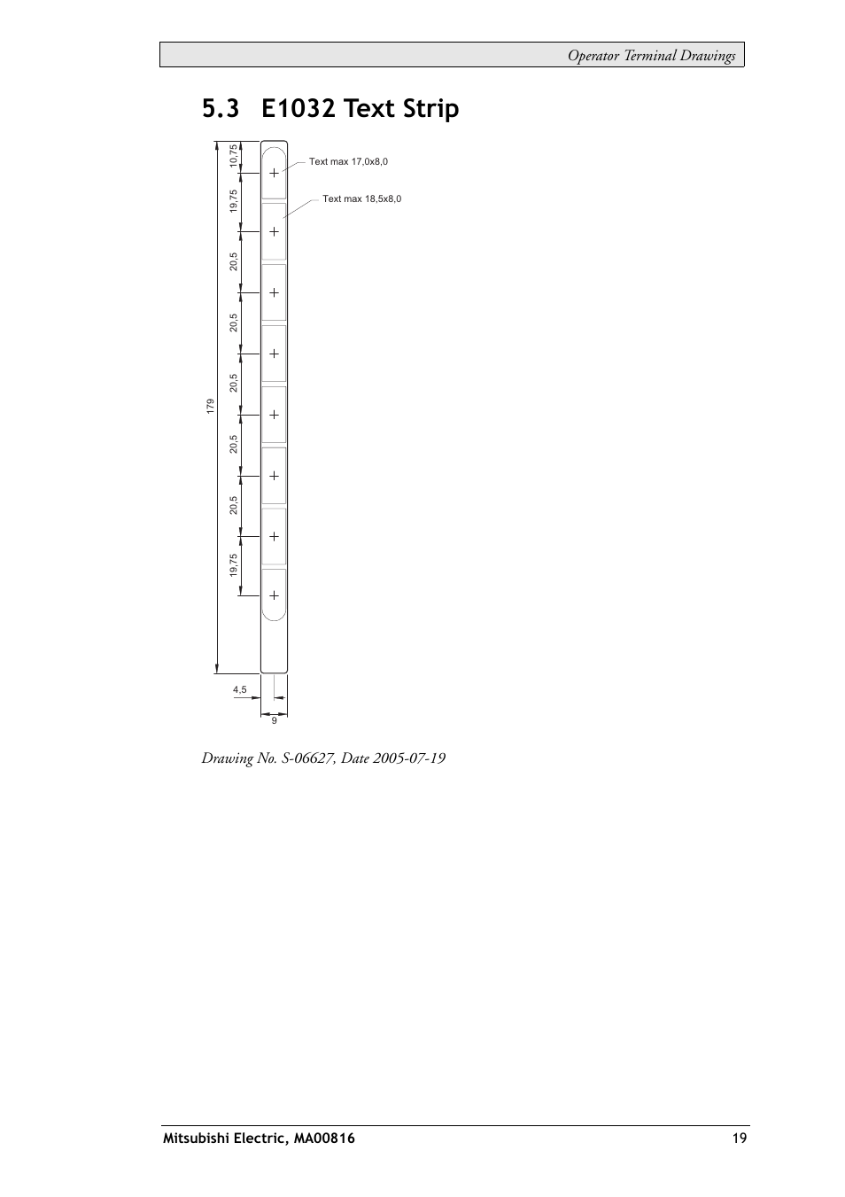 3 e1032 text strip, Operator terminal drawings | MITSUBISHI ELECTRIC E1032 User Manual | Page 19 / 20