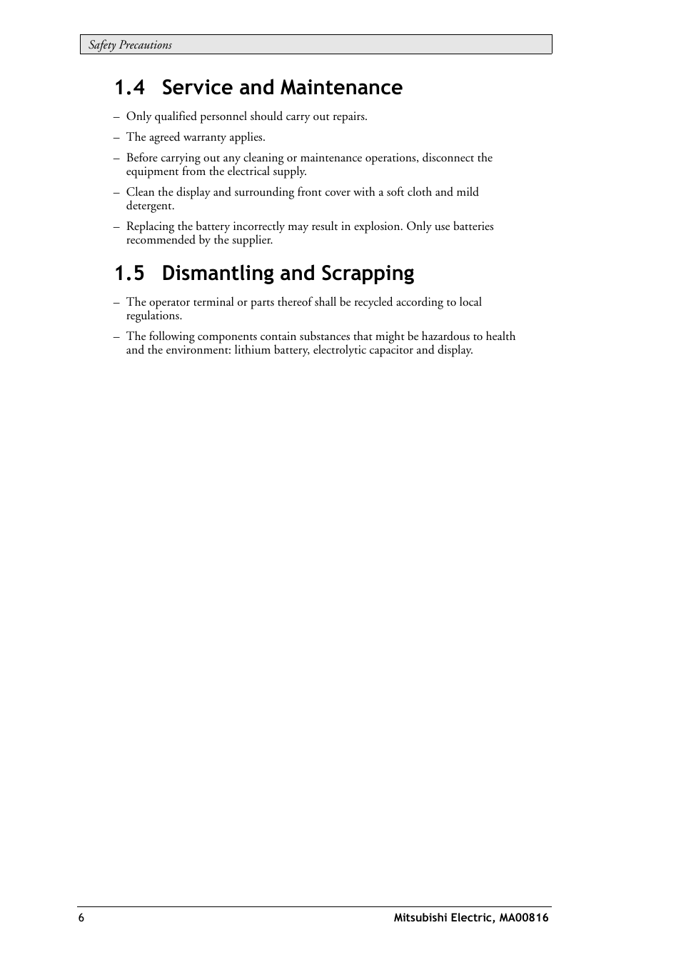 4 service and maintenance, 5 dismantling and scrapping | MITSUBISHI ELECTRIC E1032 User Manual | Page 6 / 20