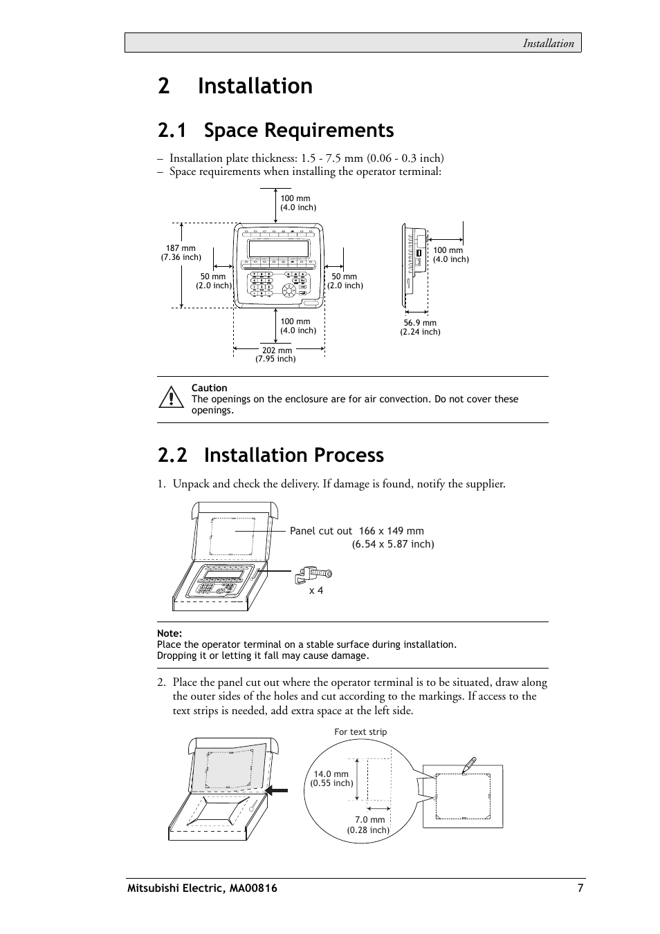 2 installation, 1 space requirements, 2 installation process | 1 space requirements 2.2 installation process, 2installation | MITSUBISHI ELECTRIC E1032 User Manual | Page 7 / 20