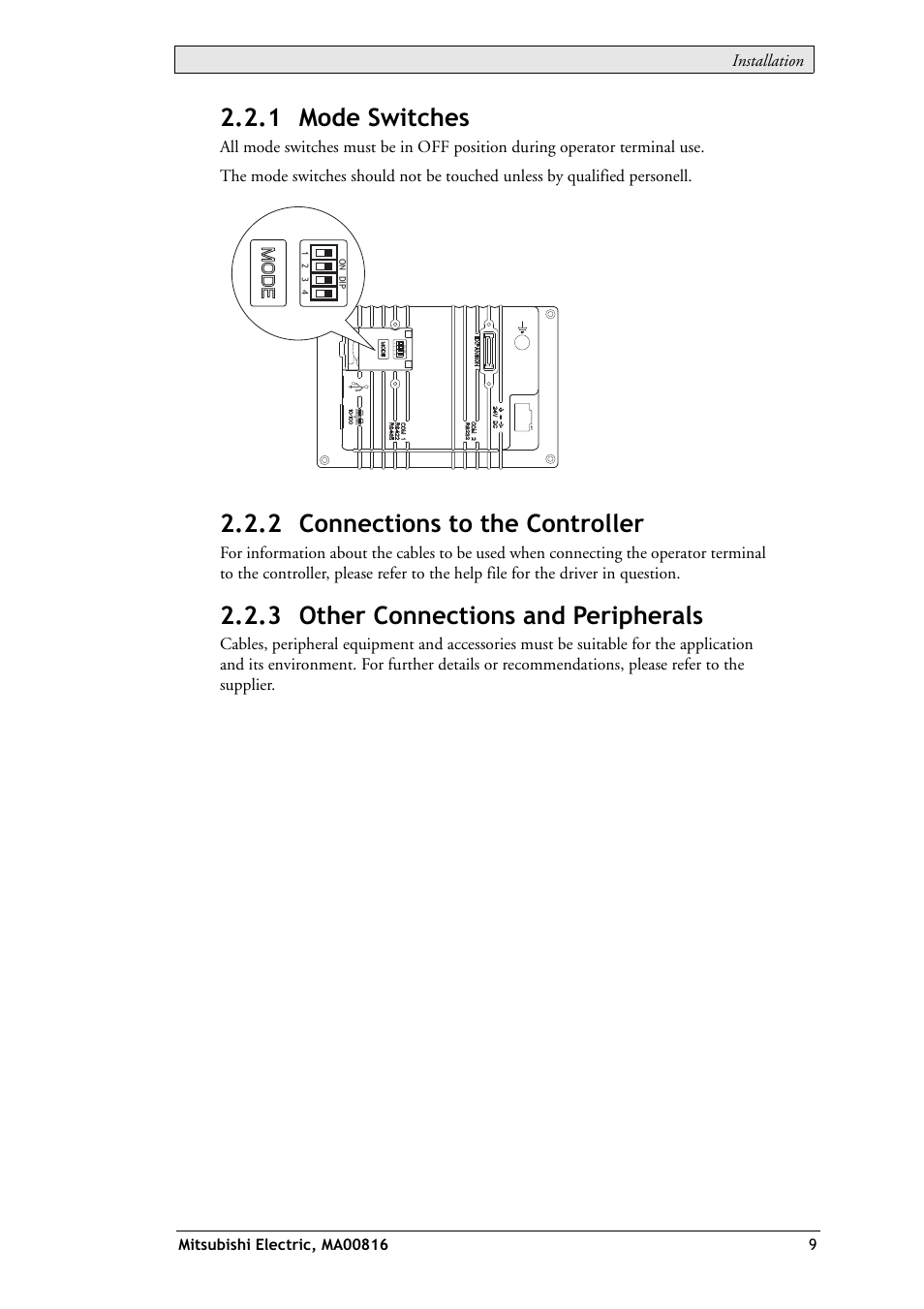 1 mode switches, 2 connections to the controller, 3 other connections and peripherals | MITSUBISHI ELECTRIC E1032 User Manual | Page 9 / 20