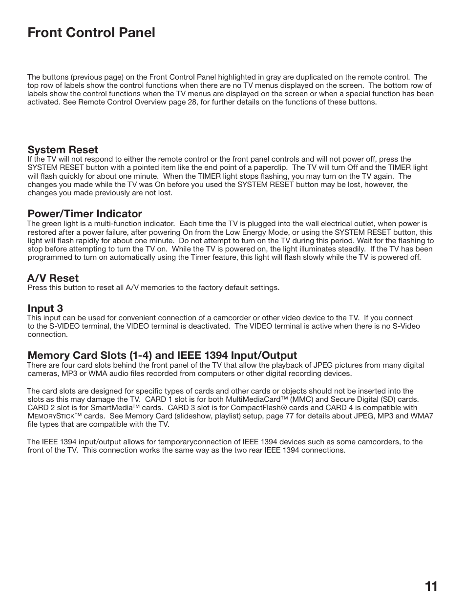 10 11 front control panel, System reset, Power/timer indicator | A/v reset, Input 3 | MITSUBISHI ELECTRIC WS-48513 User Manual | Page 11 / 110