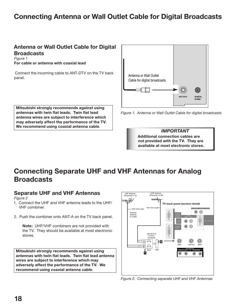 Separate uhf and vhf antennas, Important | MITSUBISHI ELECTRIC WS-48513 User Manual | Page 18 / 110