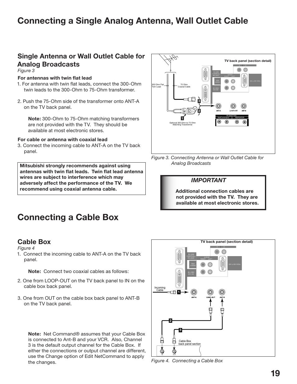 Connecting a cable box, Cable box, Important | MITSUBISHI ELECTRIC WS-48513 User Manual | Page 19 / 110