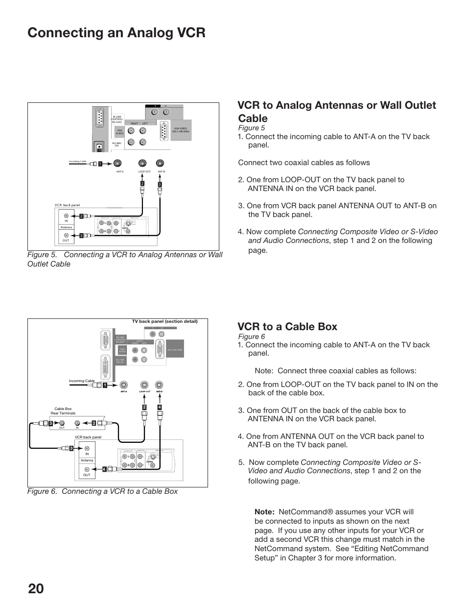 20 21 connecting an analog vcr, Vcr to analog antennas or wall outlet cable, Vcr to a cable box | Figure 5, Figure 6 | MITSUBISHI ELECTRIC WS-48513 User Manual | Page 20 / 110