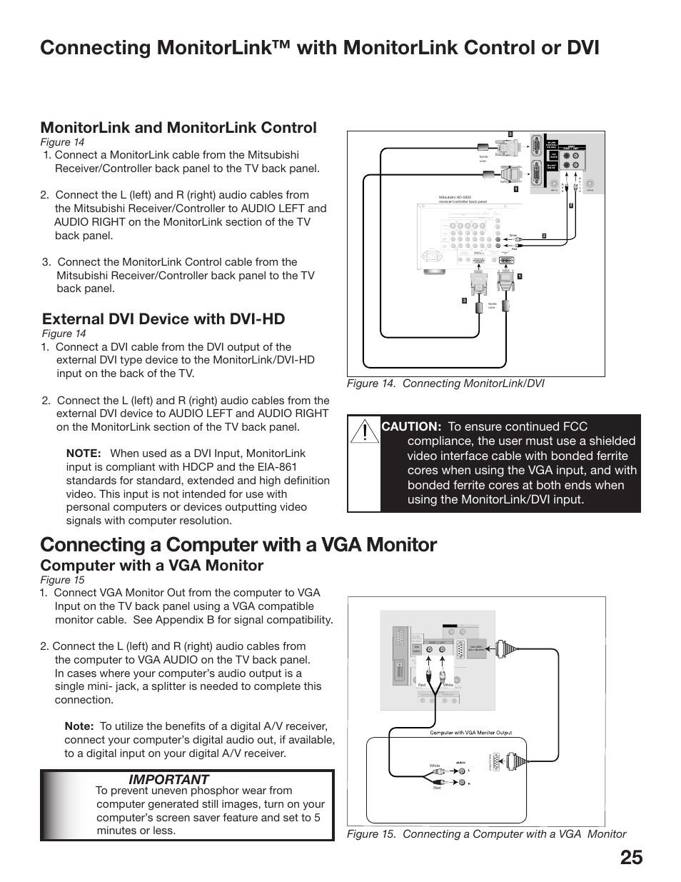 Connecting a computer with a vga monitor, Computer with a vga monitor, Monitorlink and monitorlink control | External dvi device with dvi-hd, Important, Figure 15, Figure 14 | MITSUBISHI ELECTRIC WS-48513 User Manual | Page 25 / 110