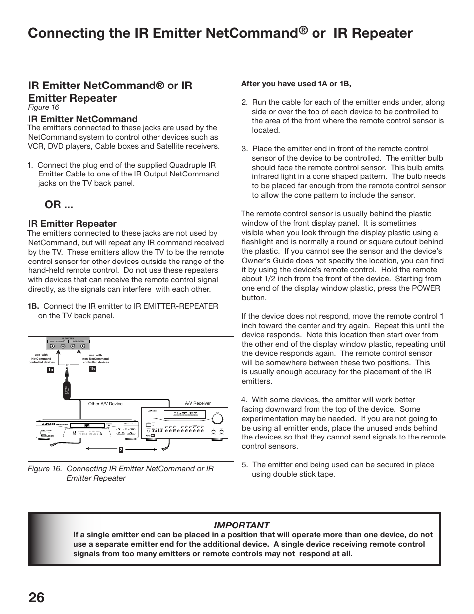 Chapter, Connecting the ir emitter netcommand, Or ir repeater | Ir emitter netcommand® or ir emitter repeater, Ir emitter netcommand, Ir emitter repeater, Important | MITSUBISHI ELECTRIC WS-48513 User Manual | Page 26 / 110