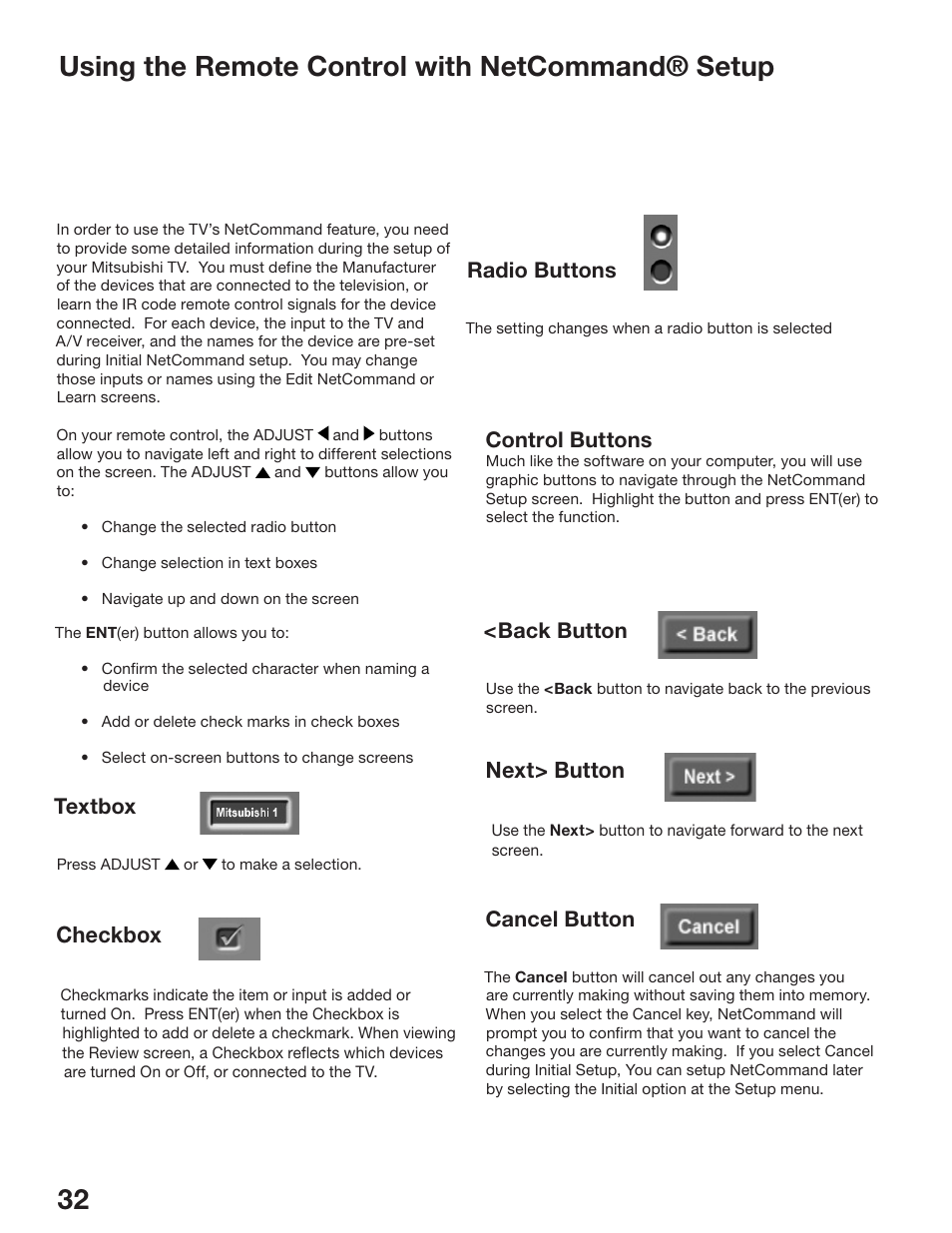 Next> button, Checkbox, Control buttons | Back button, Cancel button, Textbox, Radio buttons | MITSUBISHI ELECTRIC WS-48513 User Manual | Page 32 / 110