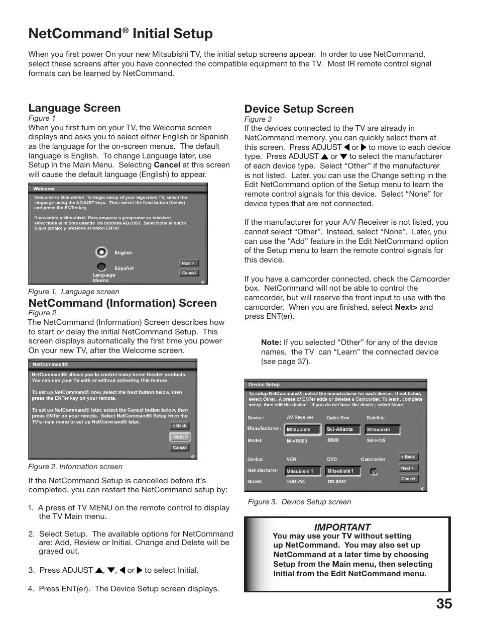 34 35 netcommand, Initial setup, Language screen | Netcommand (information) screen, Device setup screen | MITSUBISHI ELECTRIC WS-48513 User Manual | Page 35 / 110