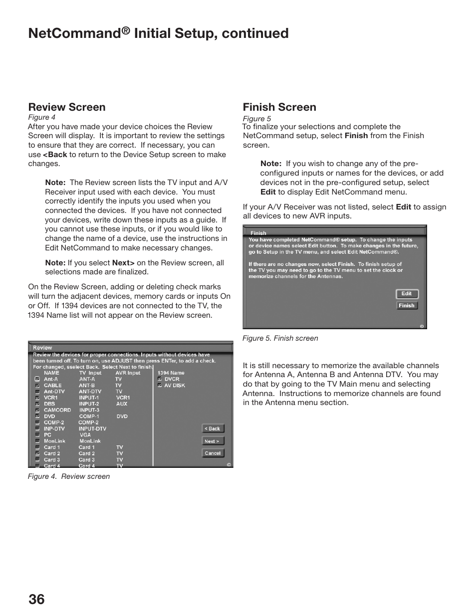 36 37 netcommand, Initial setup, continued, Review screen | Finish screen | MITSUBISHI ELECTRIC WS-48513 User Manual | Page 36 / 110