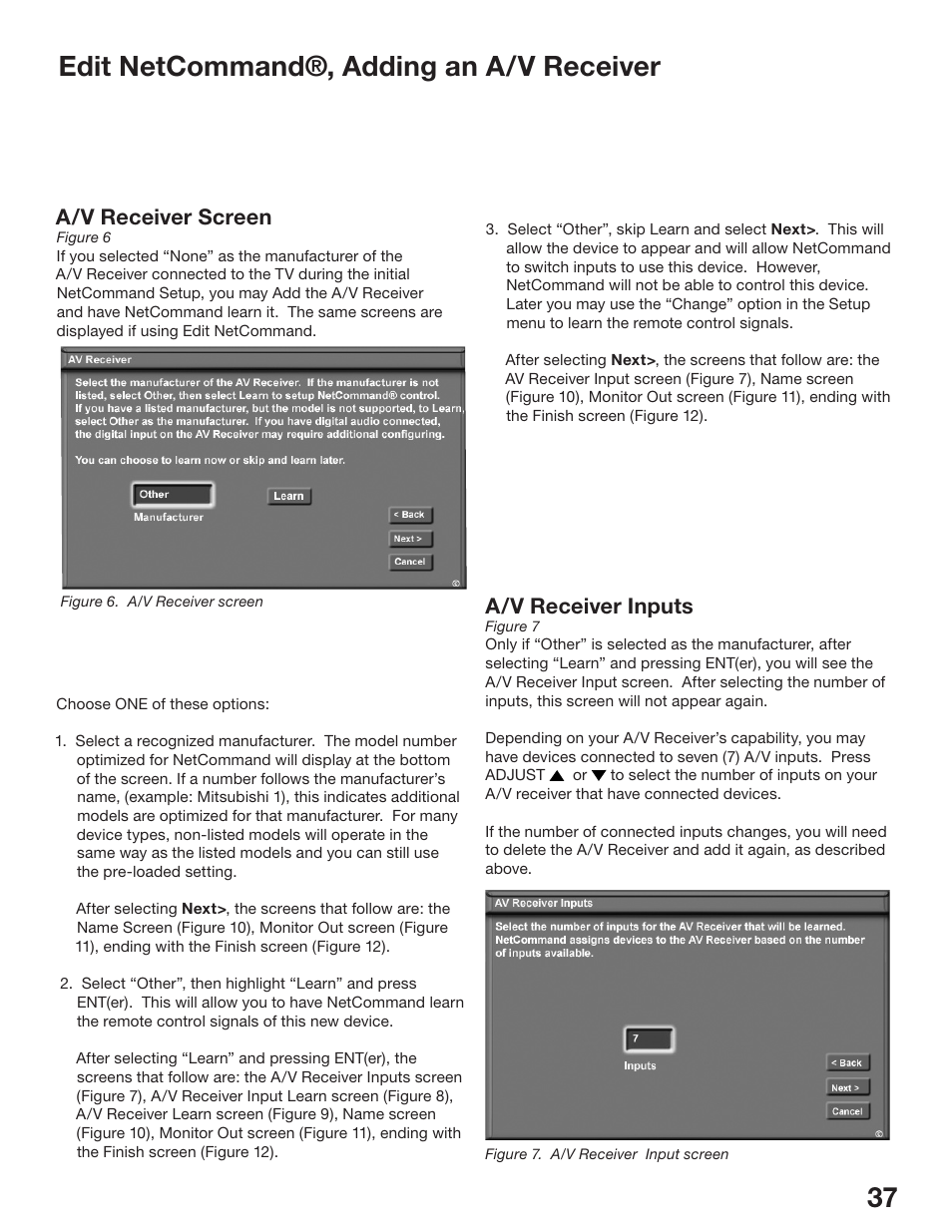 36 37 edit netcommand®, adding an a/v receiver, A/v receiver screen, A/v receiver inputs | MITSUBISHI ELECTRIC WS-48513 User Manual | Page 37 / 110