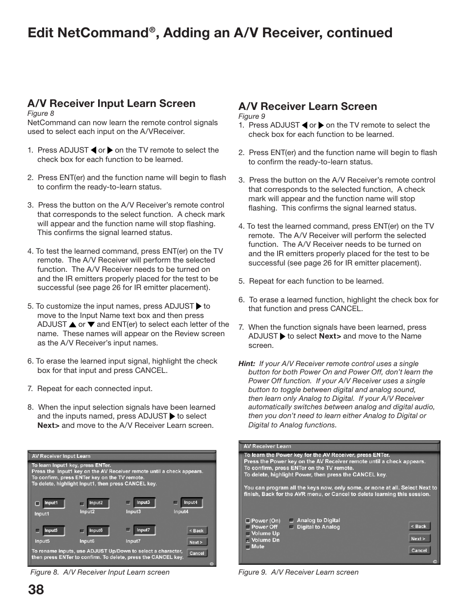 38 39 edit netcommand, Adding an a/v receiver, continued, A/v receiver learn screen | A/v receiver input learn screen | MITSUBISHI ELECTRIC WS-48513 User Manual | Page 38 / 110