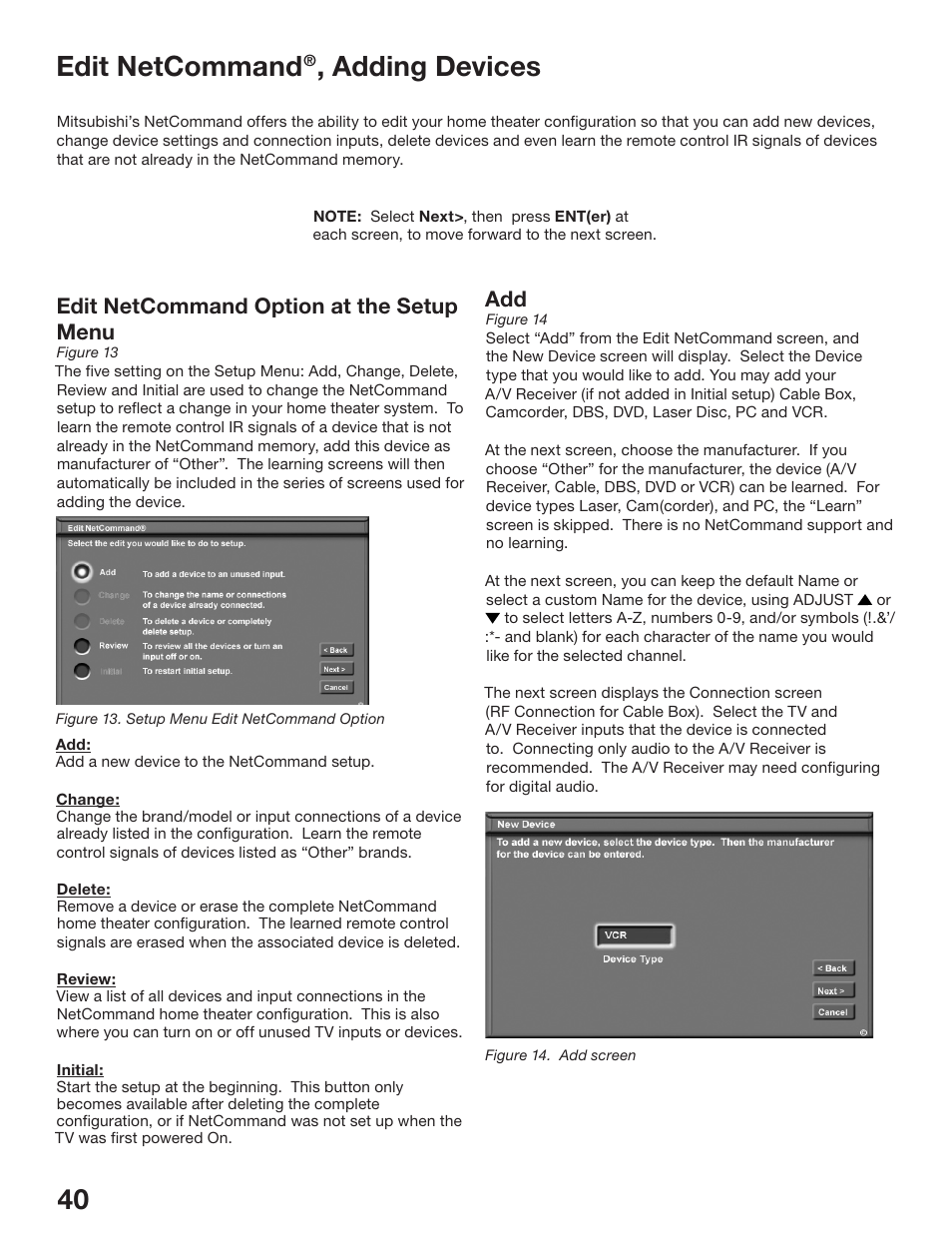 40 41 edit netcommand, Adding devices, Edit netcommand option at the setup menu | MITSUBISHI ELECTRIC WS-48513 User Manual | Page 40 / 110