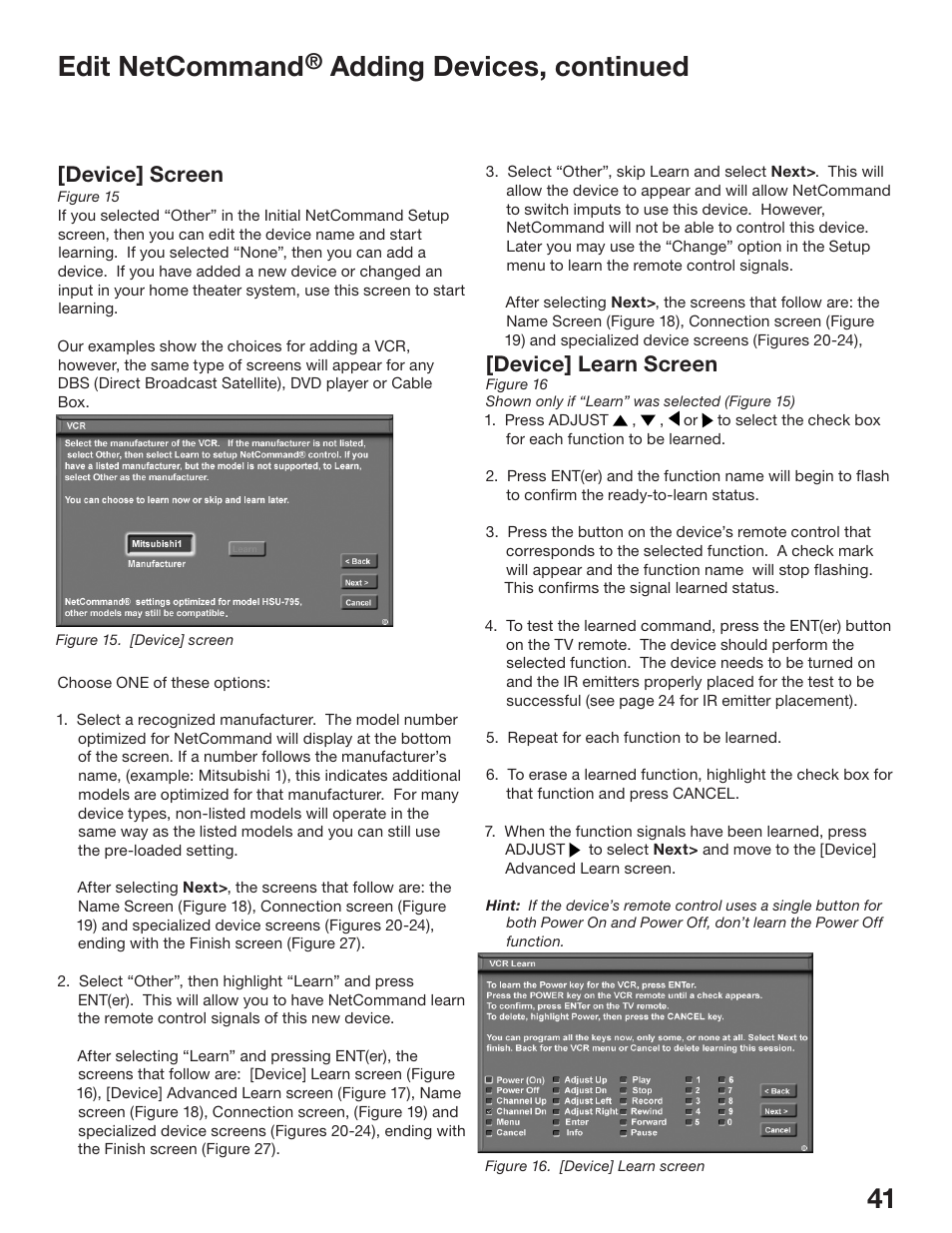 Edit netcommand, Adding devices, continued, Device] screen | Device] learn screen | MITSUBISHI ELECTRIC WS-48513 User Manual | Page 41 / 110