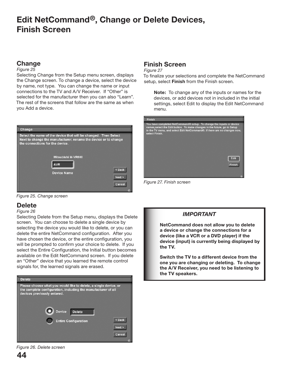 44 45 edit netcommand, Change or delete devices, finish screen | MITSUBISHI ELECTRIC WS-48513 User Manual | Page 44 / 110