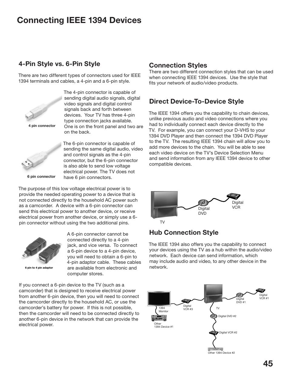 Direct device-to-device style, Hub connection style, Connection styles | Pin style vs. 6-pin style | MITSUBISHI ELECTRIC WS-48513 User Manual | Page 45 / 110