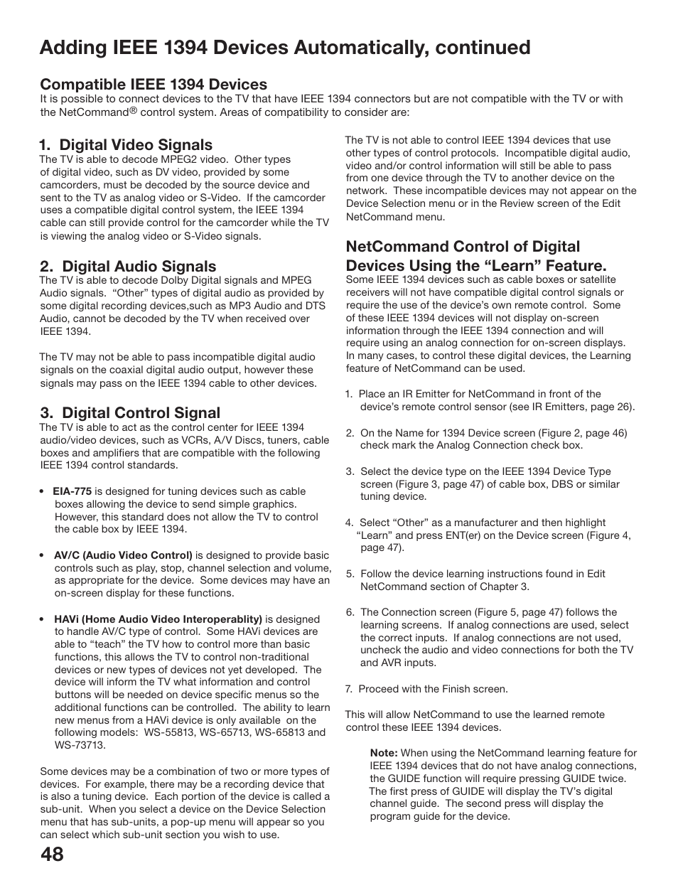 Chapter, Adding ieee 1394 devices automatically, continued, Digital video signals | Digital audio signals, Digital control signal, Compatible ieee 1394 devices | MITSUBISHI ELECTRIC WS-48513 User Manual | Page 48 / 110