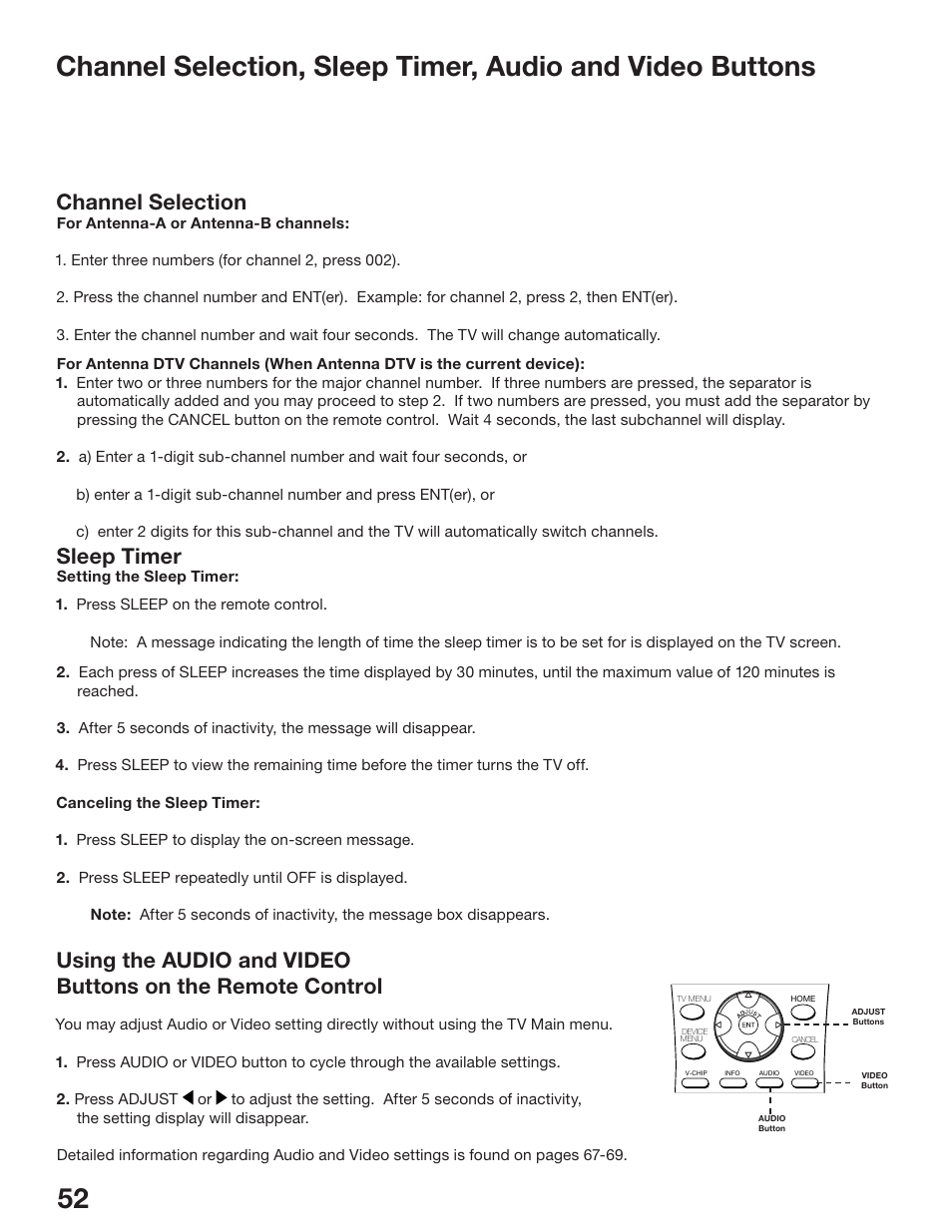 Channel selection, Sleep timer | MITSUBISHI ELECTRIC WS-48513 User Manual | Page 52 / 110