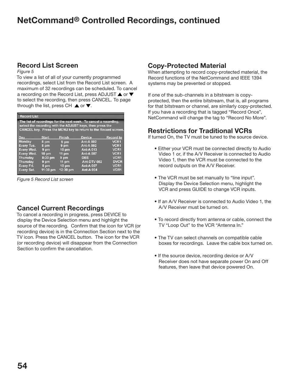 Chapter, Netcommand, Controlled recordings, continued | Cancel current recordings, Copy-protected material, Restrictions for traditional vcrs, Record list screen | MITSUBISHI ELECTRIC WS-48513 User Manual | Page 54 / 110