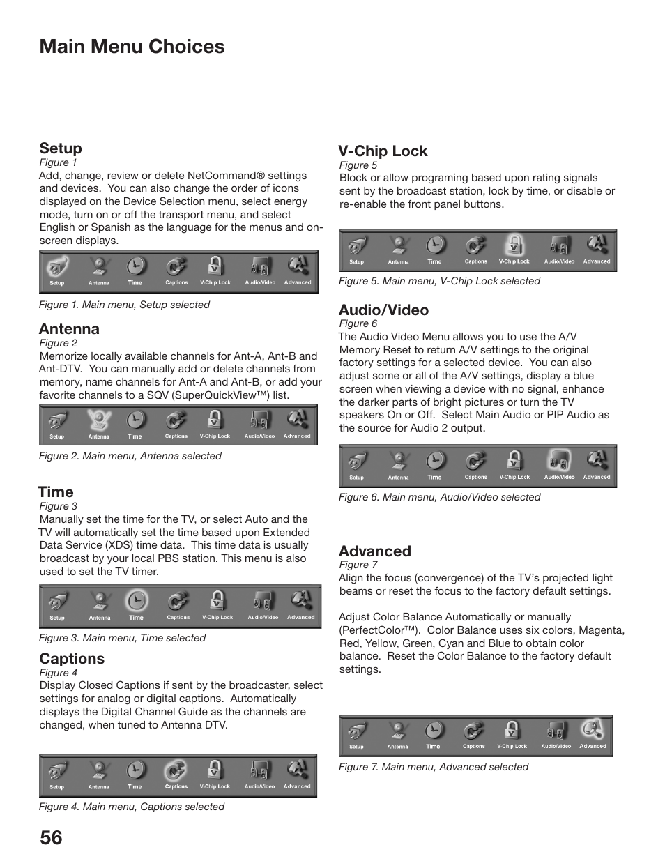 56 57 main menu choices, Antenna, Setup | Time, Audio/video, V-chip lock, Advanced, Captions | MITSUBISHI ELECTRIC WS-48513 User Manual | Page 56 / 110