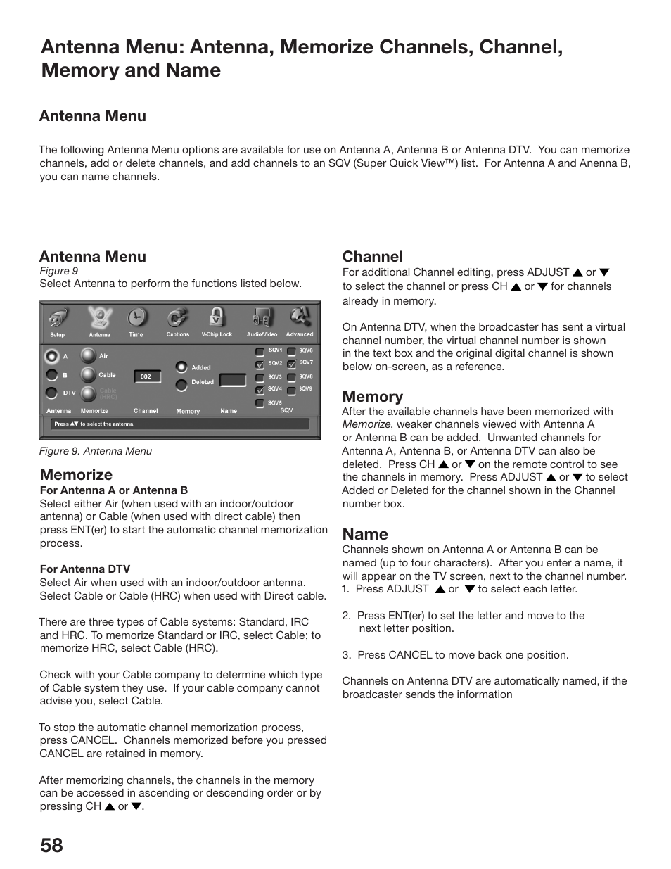 Name, Antenna menu, Channel | MITSUBISHI ELECTRIC WS-48513 User Manual | Page 58 / 110