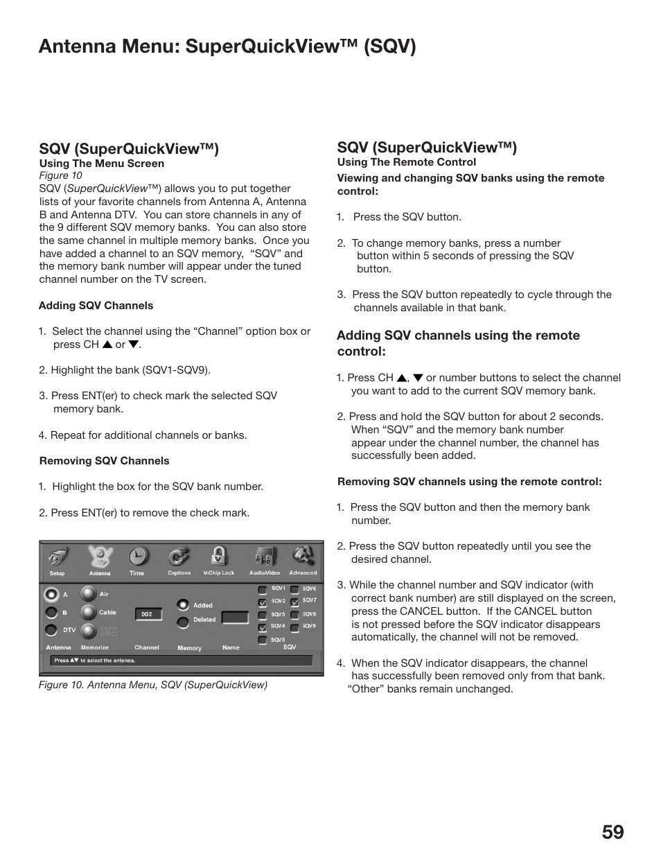 Antenna menu: superquickview™ (sqv), Sqv (superquickview™) | MITSUBISHI ELECTRIC WS-48513 User Manual | Page 59 / 110